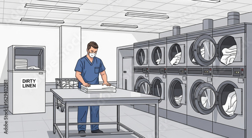 A healthcare worker folding clean laundry in a hospital laundry room with washing machines.