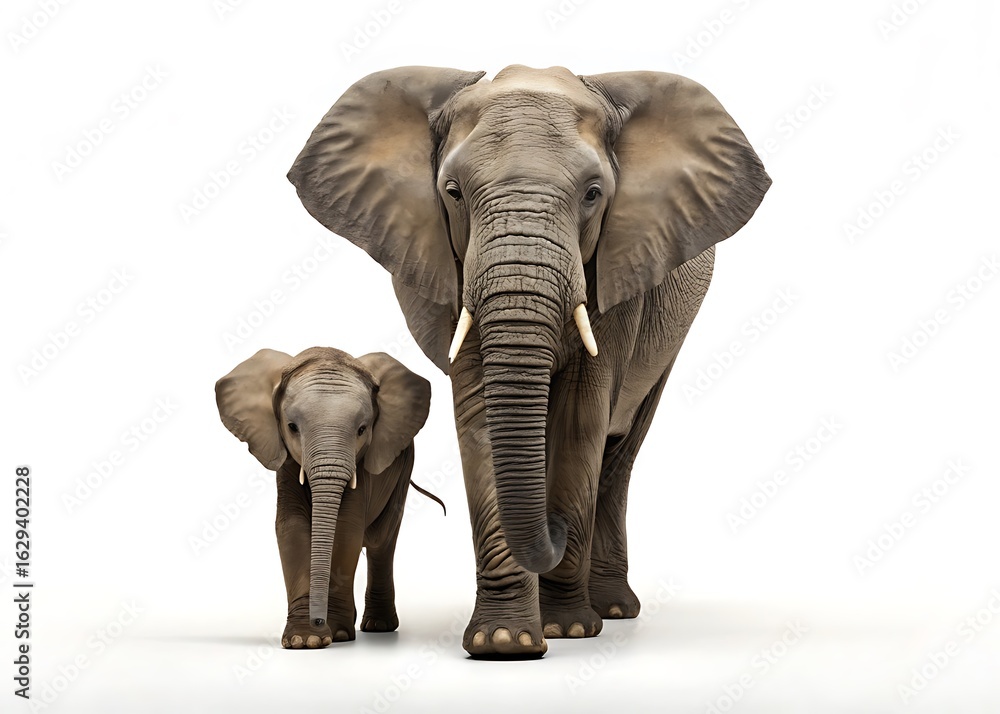 Fototapeta premium A majestic adult elephant and its young calf walk forward together against a clean white background