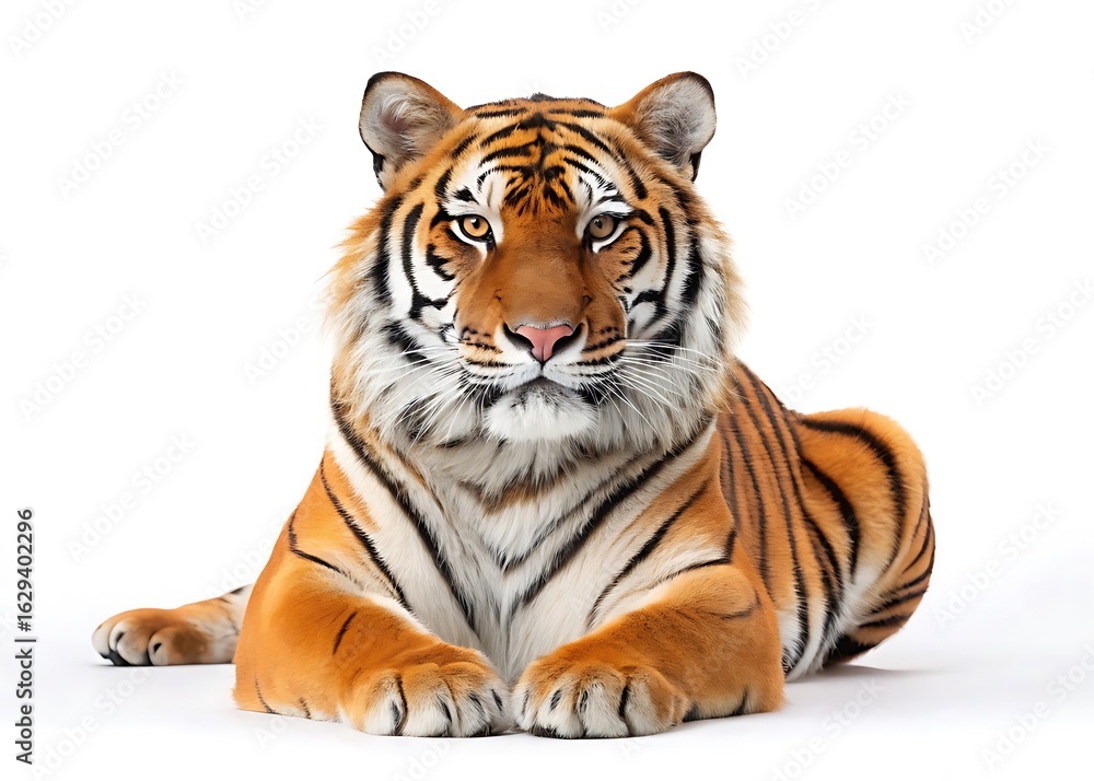 Obraz premium Majestic bengal tiger lying down on white background facing camera