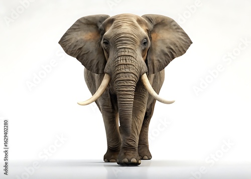 Majestic african elephant with large tusks walks forward on white background