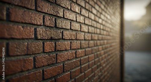 Detailed perspective view of a textured red brick wall with a shallow depth of field and a blurred background.