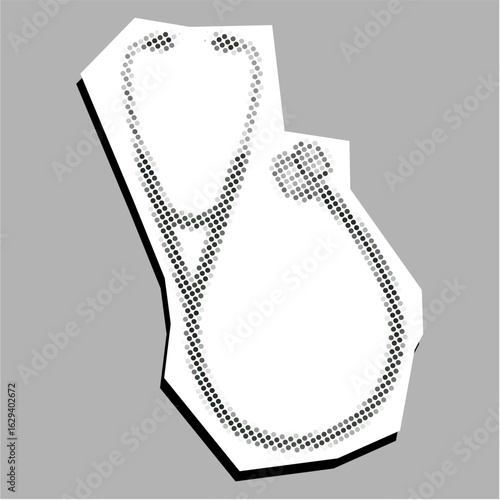 Stethoscope halftone stipple dotted collage element pointillize in paper torn vector. Represents health, medicine, and care with a fragmented, artistic aesthetic.