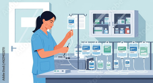 A healthcare professional preparing intravenous fluids in a medical setting, focused on patient care.