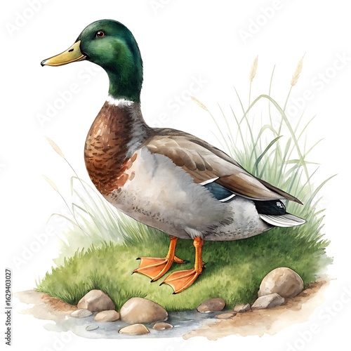 Beautiful watercolor painting of a male mallard duck standing on grassy bank near water
