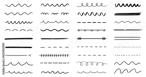 Assortment of Hand Drawn Black Underlines and Wavy Lines scribble doodle