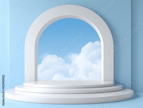 White Archway with Blue Sky and Clouds Display Platform