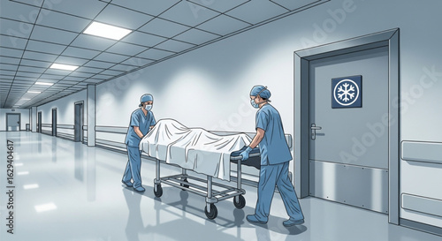 Two medical professionals transport a patient on a gurney down a hospital corridor.