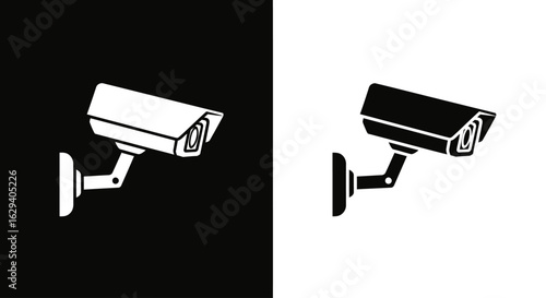 Security camera icon in black and white, surveillance system illustration.
