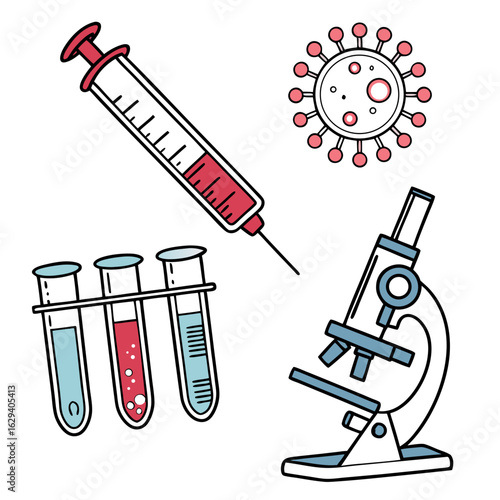 Medical equipment including syringe, virus, microscope, and test tube isolated on white background