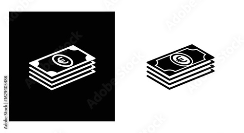 Two stacks of currency bills are displayed, one on a black background and the other on a white background.