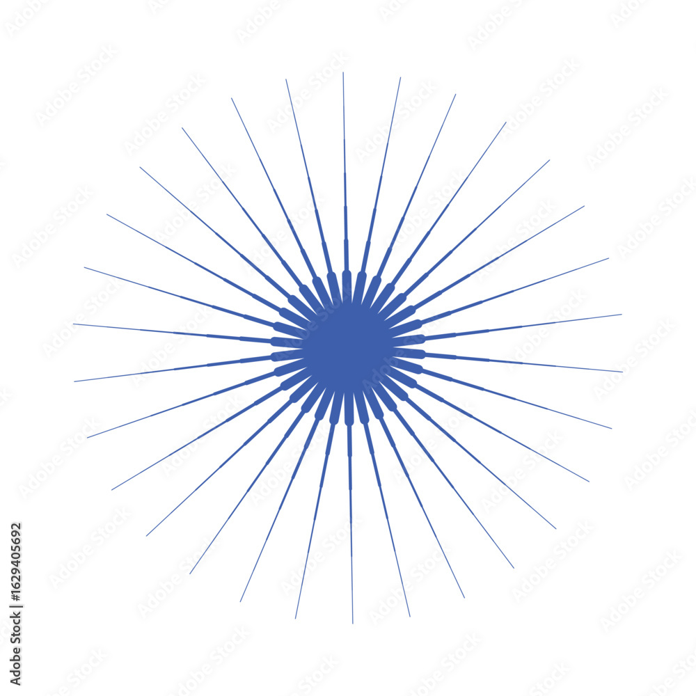 Obraz premium Blue Starburst Shape with Lines, Concentric Radial Pattern. Abstract Graphic Element. Vector Illustration.