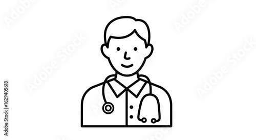 Simple black line drawing of a smiling doctor wearing a stethoscope.