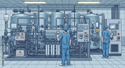 Two technicians monitor and operate complex industrial machinery within a sterile facility.