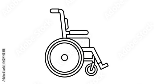 Line drawing of a standard wheelchair, showing its design features.