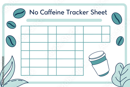 A visually appealing and simple no caffeine tracker sheet with coffee beans and leaves designed for personal habit tracking and wellness goals