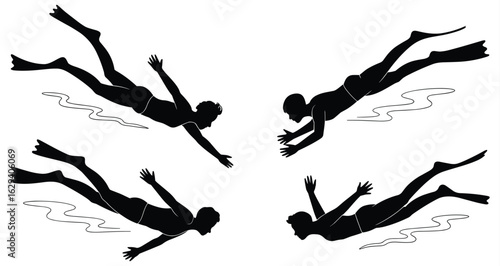Silhouettes of People Swimming and Diving with Fins snorkeling freediving
