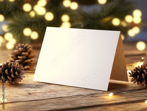 Festive Greeting Card with Pine Cones and Bokeh Lights on Wooden Table