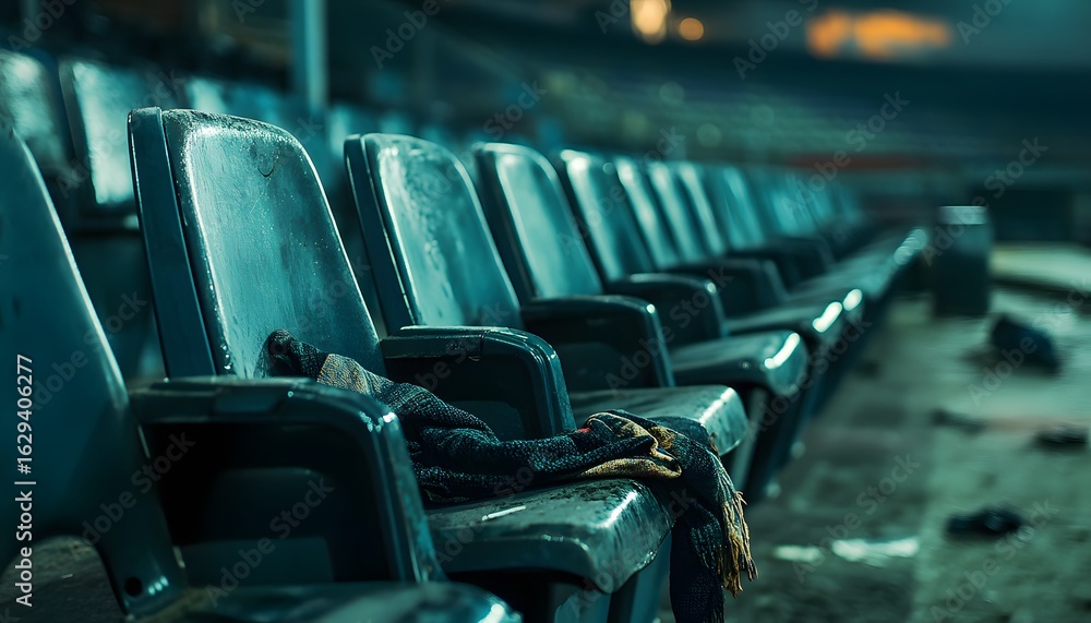 Fototapeta premium Abandoned stadium seats evoke a sense of nostalgia and emptiness. Dust and debris highlight the passage of time in this once-thriving venue, inviting reflection on past events.