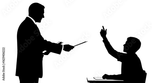 Silhouette of a teacher pointing at a student with raised hand in a classroom.
