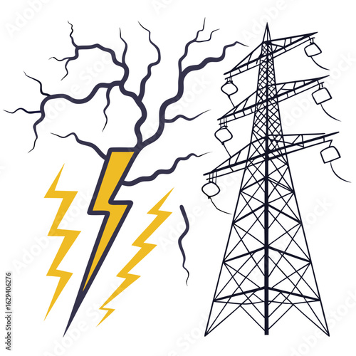 Electricity pylon with lightning and tree isolated on white background
