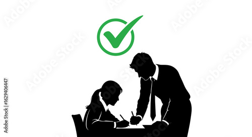 Silhouette of a business mentor guiding a trainee, signifying successful collaboration and approval.