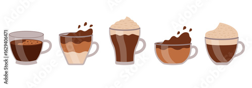 Coffee set. Different types of coffee drinks for cafe and restaurant menu. 