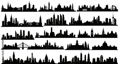 Collection of diverse city skylines, depicted as black silhouettes against a white background.