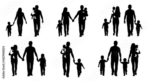 Silhouetted family figures walking together, holding hands, and carrying children.