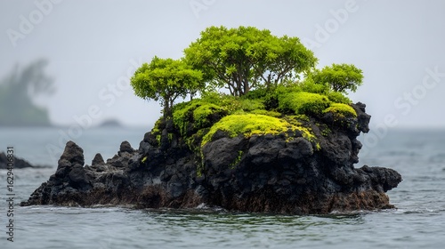 Close-up of a tiny island with mossy green trees atop jagged black lava rock