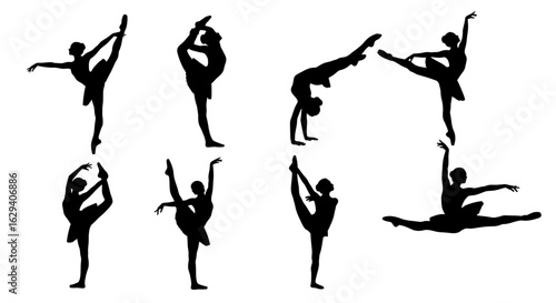 Silhouette illustrations of a female figure performing various ballet and gymnastic poses, showcasing flexibility and balance.