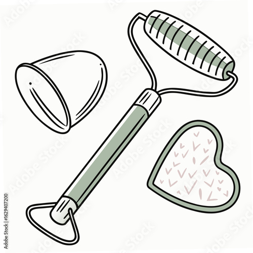 Facial massage set with jade roller, suction cup and heart isolated on white background