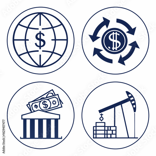 Financial icons showing global trade, money exchange, bank and oil industry