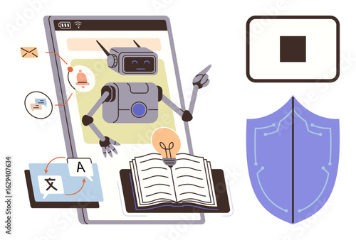 Robot interacting with open book, language translation, and symbols of technology, education, security, and communication. Ideal for education, learning, AI innovation language cyber protection
