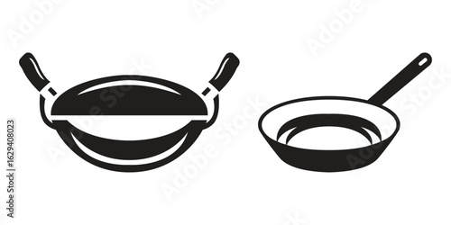 Black silhouette vector set of wok and frying pan