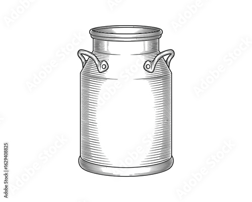 Detailed Milk Can Shape with Vertical Lines Texture, Antique Style Black and White Vector Illustration.