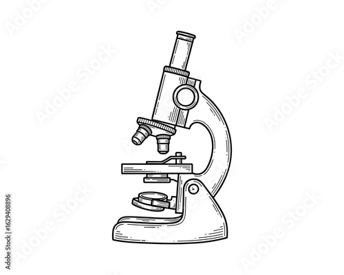 Detailed Scientific Microscope Illustration, Black and White Sketch, Medical Equipment Vector Illustration