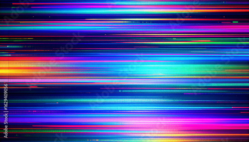 暗背景に走るカラフルグリッチライン｜テレビ信号ノイズ・デジタル抽象テクスチャ