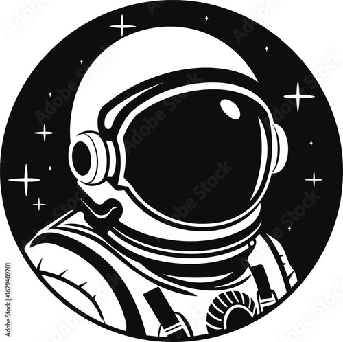Iconic Astronaut Silhouette in Cosmic Void: A Minimalist Black and White Graphic of Space Exploration and Galactic Adventure