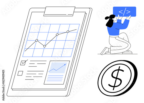 Clipboard with rising graph, checklist, dollar sign, and person coding. Ideal for data analysis, financial planning, business strategy, web development, programming growth tracking simple landing