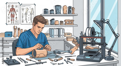 Man working on a prosthetic leg at a desk with tools and a 3D printer in a workshop setting.