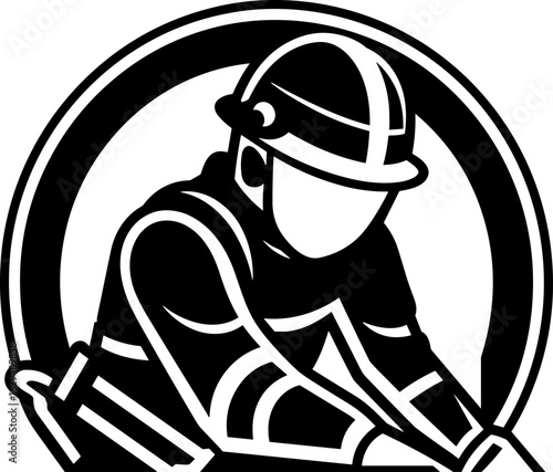 Powerful Black and White Icon of a Skilled Industrial Worker in Safety Gear, Symbolizing Expertise, Dedication, and Professionalism.