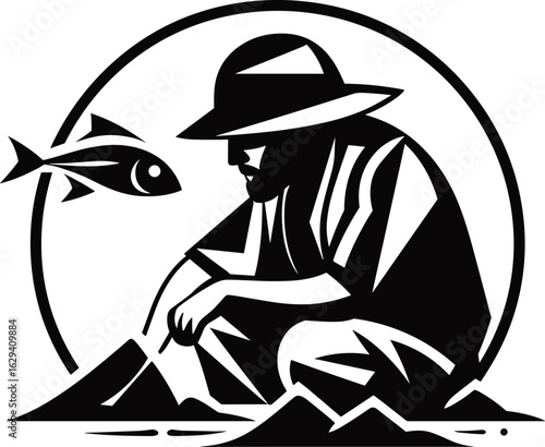 Monochromatic Fishing Silhouette: A Timeless Emblem of Angling, Nature's Pursuit, and Outdoor Recreation. Perfect for Sport and Leisure.