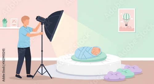 Photographer adjusting studio lighting for a newborn baby's photoshoot.