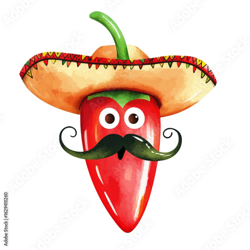 Funny chili pepper characters wearing colorful Mexican sombreros and mustaches. Playful, hand-painted style perfect for Tex-Mex restaurant decor, kitchen wall art, food branding, and festive party inv