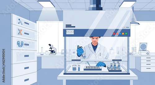 A scientist in a lab coat works in a fume hood, conducting research with test tubes and pipettes.