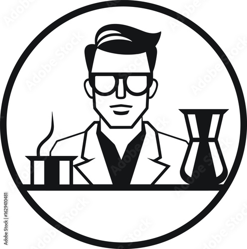 Monochrome Icon of a Scientist or Chemist with Lab Glassware, Symbolizing Research, Discovery, and Scientific Innovation.