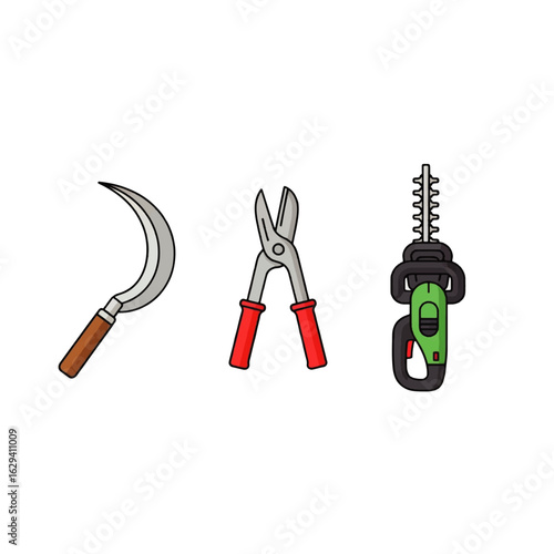 Illustration of three gardening tools: a sickle, pruning shears, and a hedge trimmer.