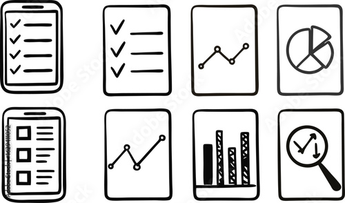 Hand-drawn Doodle Icons: Checklist, Charts, Graphs, Data Analysis, Mobile App UI Design Elements