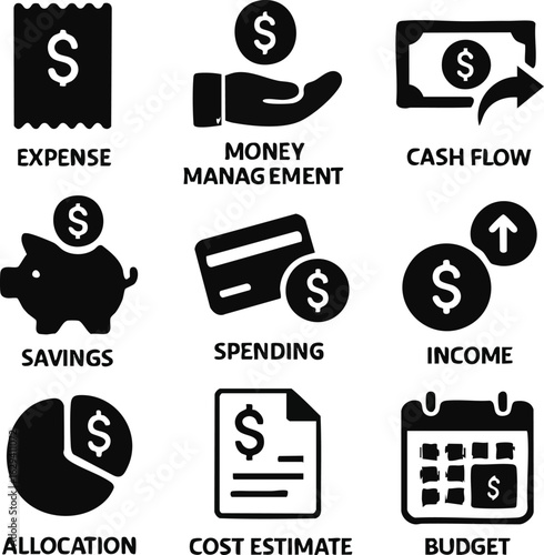 Financial icons representing expenses, money management, cash flow, savings, spending, income, allocation, cost estimate, and budget planning for business and personal finance