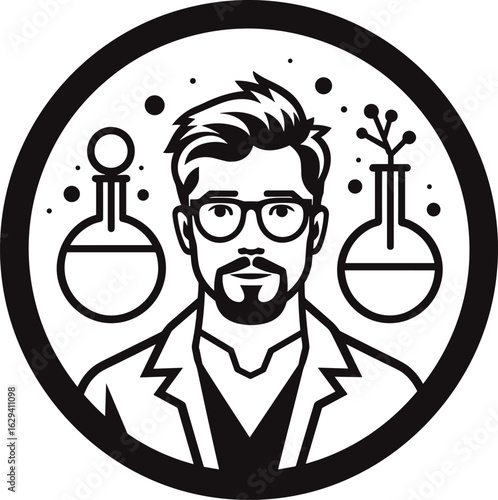 Monochrome vector illustration of a male scientist with glasses and a beard, surrounded by laboratory flasks, symbolizing research, innovation, and scientific discovery.